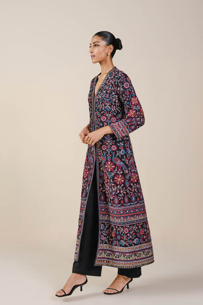 Starlit Serenade SEWA Hand-embroidered Silk Jacket Set - Black